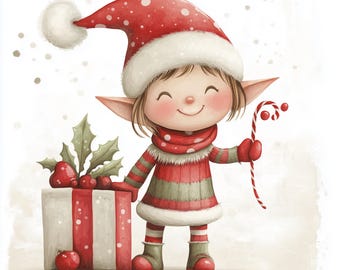 かわいいクリスマスエルフのデジタルページ | 休日の印刷可能なデジタル背景 | スクラップブック、カード作成、工芸品用 | 商用利用可能な JPG
