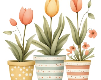 Ensemble de cliparts pêche et tulipes jaunes | Images numériques pour scrapbooking, fabrication de cartes, travaux manuels | PNG à usage commercial| Arrière-plans transparents