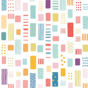 May include: A colorful, abstract pattern featuring a repeating design of rectangles and vertical stripes in various pastel colors. The design includes dots and stripes in shades of pink, blue, yellow, orange, and purple on a white background.