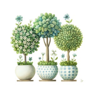 May include: Watercolor illustration of three potted topiary trees. The trees have round, leafy tops in shades of green, with small white and blue flowers. The pots are white and blue, sitting on wooden bases, against a white background.