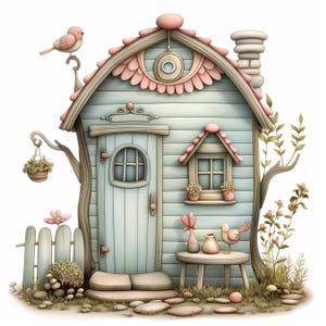 May include: A whimsical, light blue cottage with a pink roof and a small, white picket fence. The cottage has a door with a window and a small window above the door. There are flowers and plants around the cottage.