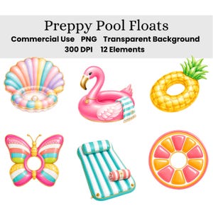 Op de afbeelding: Een verzameling van zes opblaasbare zwembadbanden, waaronder een pastelkleurige schelp, een roze flamingo met een gestreepte handdoek, een gele ananas, een kleurrijke vlinder, een blauw-wit gestreept luchtbed en een citrusvrucht-zwemband.