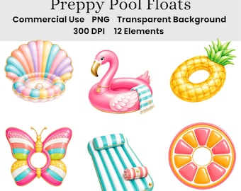 Ensemble de 12 illustrations PNG de bouées de piscine fantaisie style preppy à l'aquarelle |