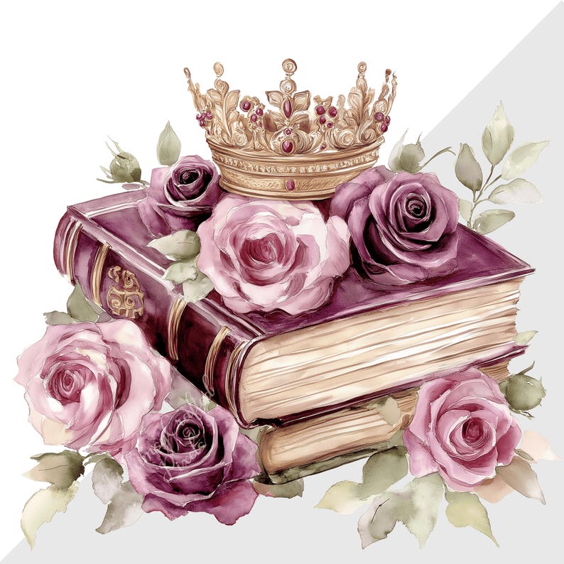 Op de afbeelding: Waterverfillustratie van een gouden kroon bovenop een stapel boeken met bordeauxrode band, omringd door roze en paarse rozen en groene bladeren. Het geheel straalt een romantisch en koninklijk thema uit.