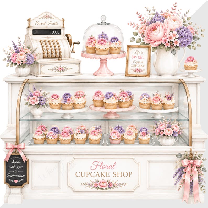 Floral Cupcake Shop Clipart Bundle, Watercolor Bakery PNG, Floral ...