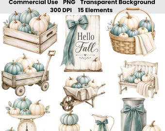 Ensemble de clipart aquarelle automnale style ferme, bleu sarcelle et crème | 15 éléments PNG automnaux chaleureux | Décoration rustique sur le thème de la récolte des citrouilles