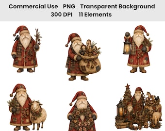 Ensemble de 11 images clipart aquarelle de Père Noël primitif, Noël colonial (PNG), Père Noël art populaire, décorations de Noël rustiques, Noël champêtre vintage (PNG)
