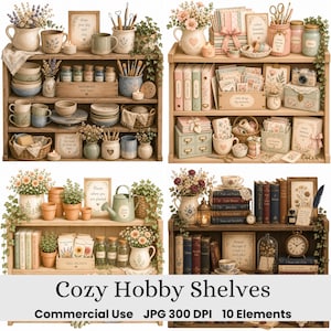 Pode incluir: Quatro prateleiras de madeira cheias de materiais de artesanato, incluindo canecas de cerâmica, tigelas, livros, plantas em vasos, flores secas, potes, cestas e placas decorativas com texto como 'Shape your clay with clay' e 'Cozy Hobby Shelves'.