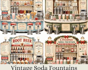 Vintage Soda Fountain Counter Clipart Bundle, Retro Diner JPG Collection, Watercolor Ice Cream Shop Counters