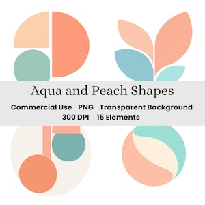 Op de afbeelding: Een afbeelding met abstracte vormen in aqua, perzik en crème kleuren. Het ontwerp omvat cirkels en bladachtige vormen. De tekst onderaan luidt "Aqua and Peach Shapes" en bevat details over het commerciële gebruik van de afbeelding.