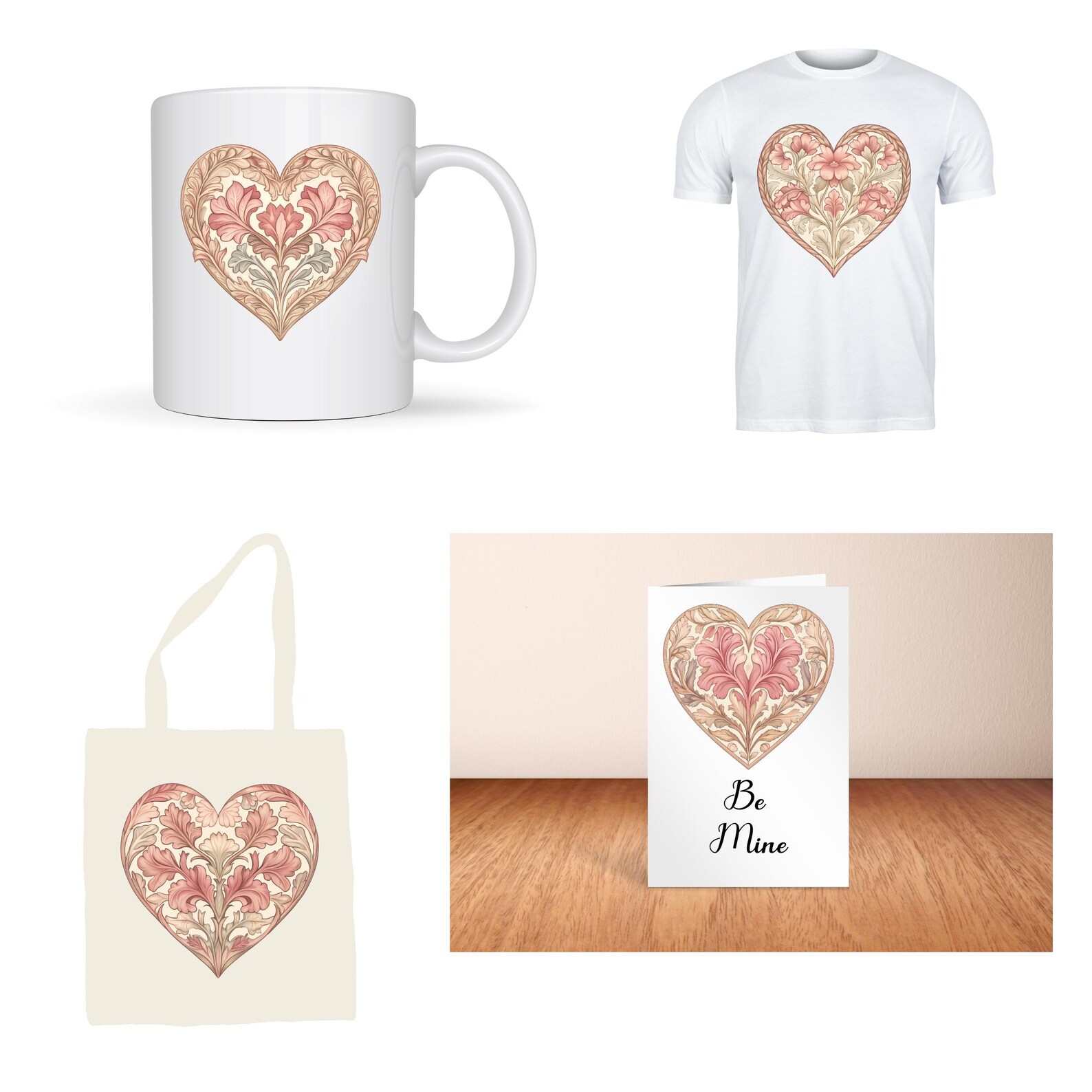 Pink and Tan Floral Heart Clip Art Set | Valentine Digital Images for ...
