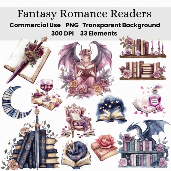 Romantasy Dragons & Roses Clipart Bundle, Fantasy Romance Clip Art PNG, BookTok Aesthetic, Dragon Floral Watercolor, Romantic Fantasy