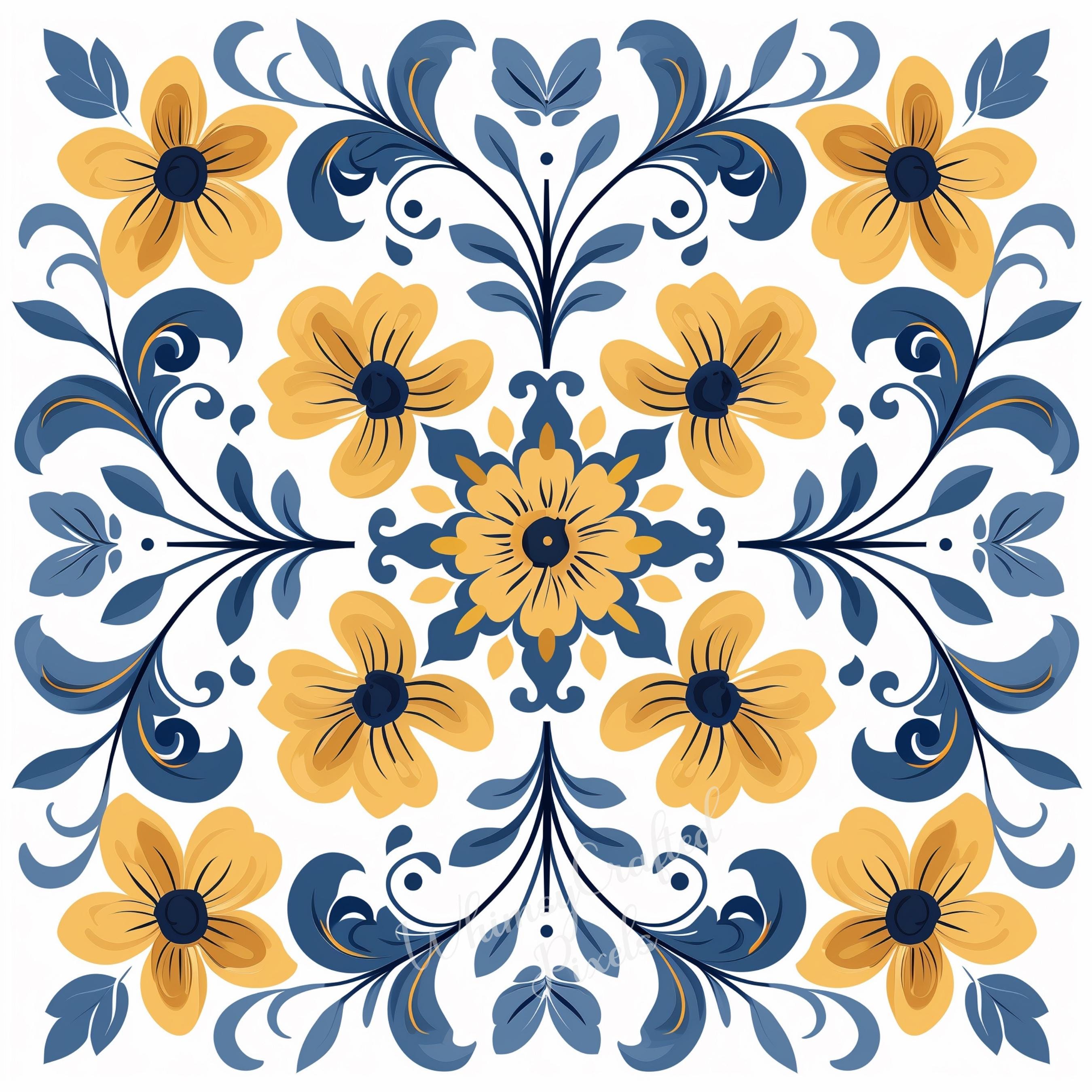 Blue and Yellow Floral Tiles Digital Pages | Floral Printable Digital ...