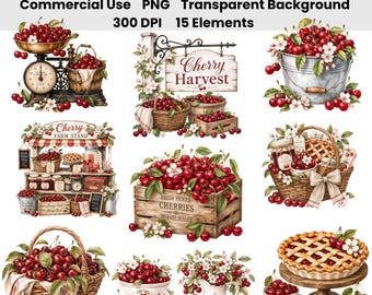Ensemble de 15 images clipart aquarelle sur le thème de la récolte des cerises | Cerises de ferme, marché aux fruits, tarte aux cerises et confitures | PNG
