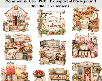 Ensemble de 15 images clipart aquarelle de fraises de ferme, fraises de marché, étal de baies rustiques, PNG