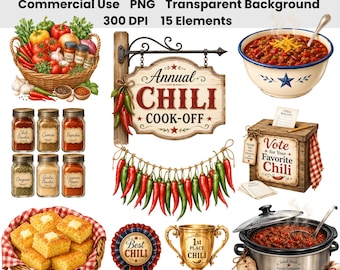 Ensemble de 15 images clipart aquarelle sur le thème du concours de chili | 15 PNG rustiques pour une fête | Repas partagé d'automne, fête foraine, concours de chili, téléchargement numérique instantané