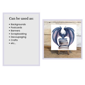 Op de afbeelding: Waterverfillustratie van een draak met blauwe vleugels en een stapel boeken. De afbeelding staat op een kleine houten ezel. Tekst links zegt: "Kan gebruikt worden als: Achtergronden, Postkaarten, Banners, Scrapbooking, Decoupage, Ambachten, etc..."
