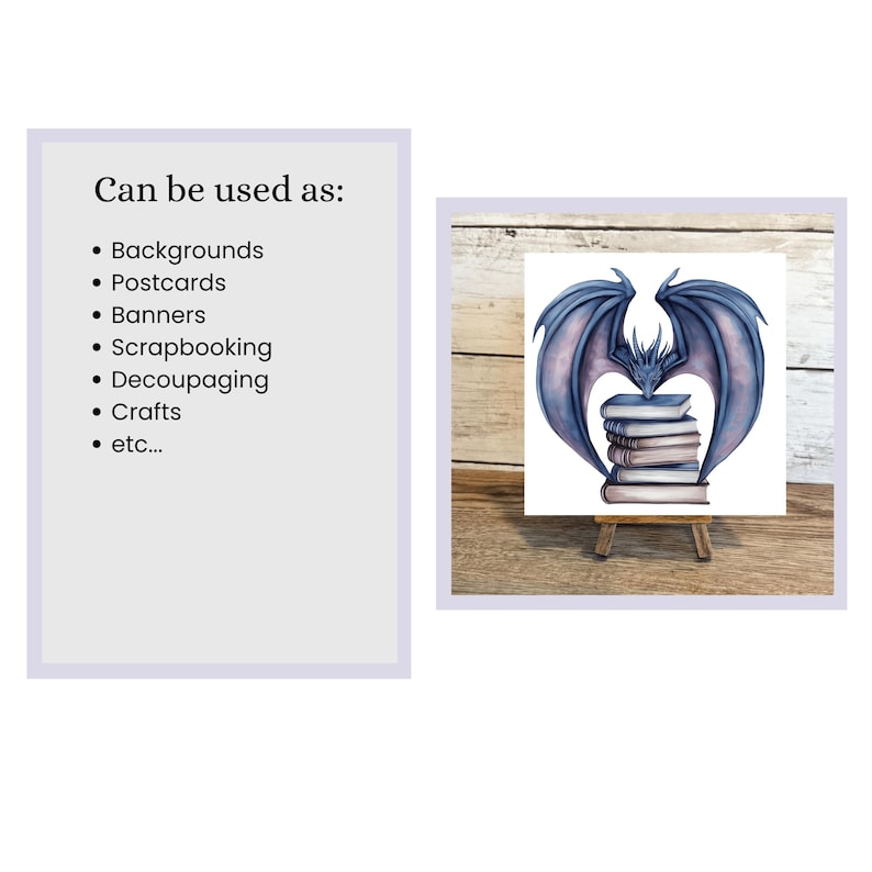 Op de afbeelding: Waterverfillustratie van een draak met blauwe vleugels en een stapel boeken. De afbeelding staat op een kleine houten ezel. Tekst links zegt: "Kan gebruikt worden als: Achtergronden, Postkaarten, Banners, Scrapbooking, Decoupage, Ambachten, etc..."