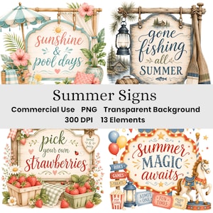 Sommarskylt i trä Clipart-paket, akvarell säsongsskyltar, bondgårdssommardekor, kuststugaskyltar, vintage marknadsskyltar PNG