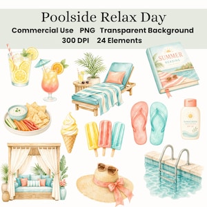 Könnte beinhalten: Aquarell-Illustration mit dem Text "Poolside Relax Day". Das Bild zeigt eine Vielzahl von Sommerelementen, darunter eine Sonnenliege, Cocktails, Eis, Eis am Stiel, ein Buch, Flip-Flops, einen Sonnenhut und einen Pool.