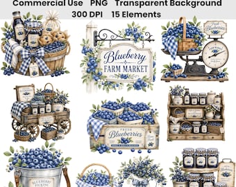 Ensemble d'images clipart Marché de myrtilles | 15 PNG aquarelle Marché de myrtilles | Stand de ferme rustique | Maison de campagne | Récolte de myrtilles