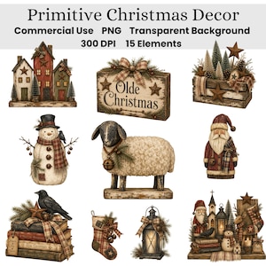 以下が含まれることがあります： Primitive Christmas Decorとラベル付けされた15個のデジタルグラフィック要素のコレクション。家、Olde Christmasと書かれた看板、木が入った木箱、雪だるま、羊、サンタクロース、本の上にいるカラス、靴下、ランタンのイラストが含まれています。