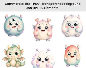 Lot de 10 images clipart de monstres mignons et effrayants, monstres kawaii d'Halloween (PNG), bébés monstres pastel, clipart d'Halloween mignon, à télécharger au format PNG.