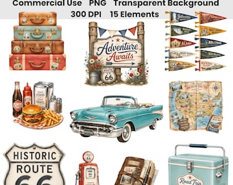 Ensemble d'images clipart vintage pour road trip | Route 66, voyage américain (PNG) | Vacances rétro, voiture classique, panneau de motel, valises, usage commercial
