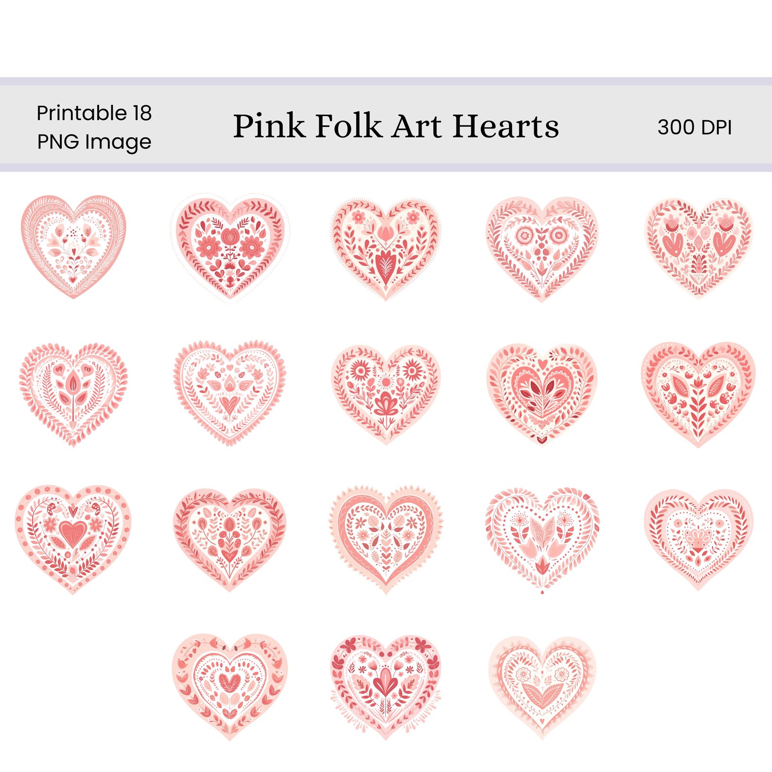 Pink Folk Art Hearts Clip Art Set | Valentine Digital Images for ...