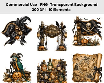 Ensemble de clipart aquarelle fantaisistes sur le thème pirate pour Halloween, PNG d'Halloween pirate, décoration d'Halloween nautique, coffre au trésor, lanterne, perroquet
