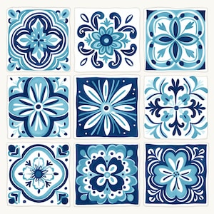 May include: Nine square tiles with intricate blue and white floral designs. Each tile features a unique pattern, including stylized flowers, swirls, and geometric shapes. The color palette consists of varying shades of blue against a white background.