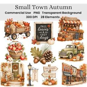 以下が含まれることがあります： 干し草のワゴン、Fall leaves & cozy daysと書かれた看板、カボチャの直売所、リンゴのバスケット、どんぐり、松ぼっくり、緑のトラック、ポーチ、街灯、街並みの店舗など、秋をテーマにした28種類のデジタル素材セット。