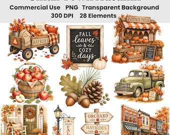 Ensemble de clipart aquarelle sur le thème de l'automne dans une petite ville | 28 éléments PNG représentant une fête d'automne chaleureuse, un marché des récoltes et un champ de citrouilles