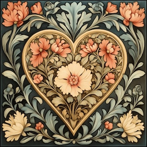 May include: A floral heart design with peach and cream-colored flowers and leaves on a dark teal background. The heart is outlined in gold, and the design has a vintage, botanical feel.