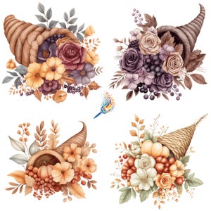Set di clipart di cornucopie autunnali / Immagini autunnali digitali per album, biglietti e artigianato / PNG per uso commerciale / Sfondi trasparenti