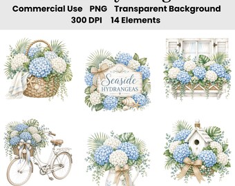 Ensemble de 14 images clipart aquarelle d'hortensias de bord de mer | Fleurs tropicales de style cottage côtier | Hortensia bleu et blanc (PNG) | 14 PNG