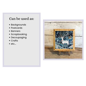 May include: A framed illustration of a white deer with antlers standing in a snowy forest scene. The deer is wearing a red and white beaded necklace. The background is a dark blue with stars and a crescent moon. The frame is gold with a decorative border.