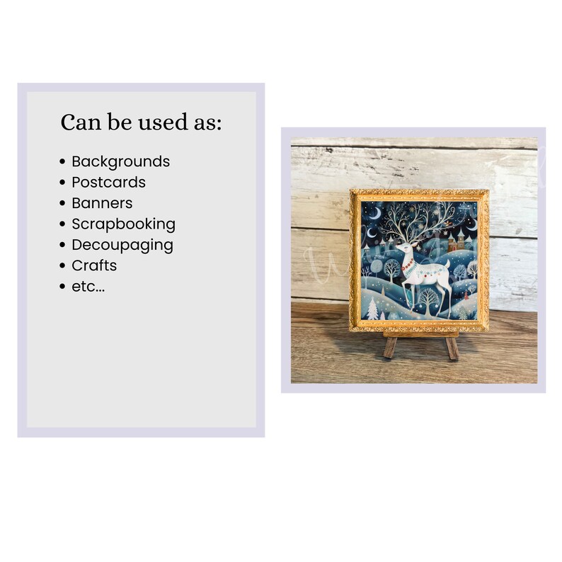 May include: A framed illustration of a white deer with antlers standing in a snowy forest scene. The deer is wearing a red and white beaded necklace. The background is a dark blue with stars and a crescent moon. The frame is gold with a decorative border.