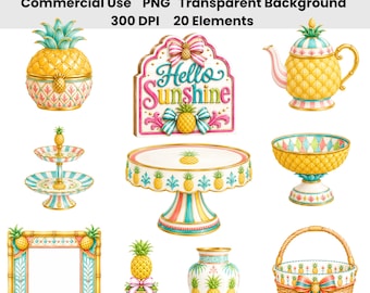 Ensemble de cliparts ananas preppy | 20 PNG Décoration d'étagère tropicale Palm Beach aquarelle | Plateau à étages chinoiserie coloré, graphismes d'été
