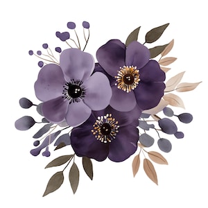Donkerpaarse bloemen-clipartset | Digitale bloemenafbeeldingen voor plakboeken, kaarten maken en knutselen | PNG's voor commercieel gebruik| Transparante achtergronden