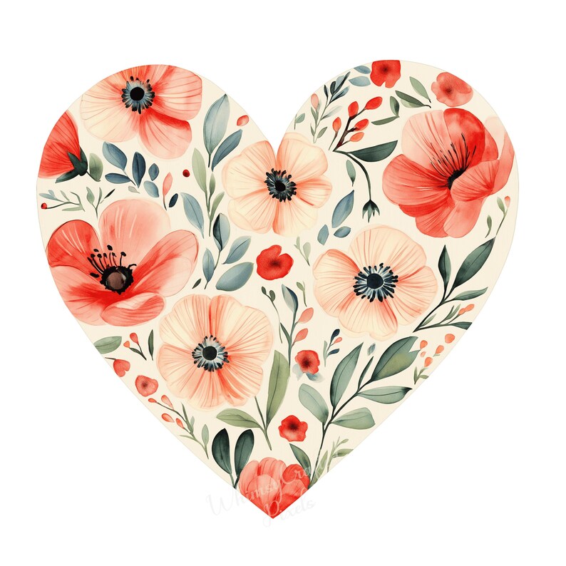 Poppy Floral Heart Clip Art Set | Valentine Digital Images for ...