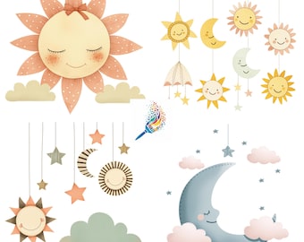Sonnen und Monde Clip Art Set | Niedliche digitale Bilder | Sammelalben, Kartengestaltung, Basteln | Kommerzielle Nutzung PNGs | Transparente Hintergründe