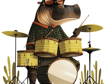 May include: A cartoon illustration of a hippopotamus playing a drum set. The hippo wears sunglasses and a dark green shirt with white polka dots. The drum set includes yellow drums with horizontal stripes and cymbals.