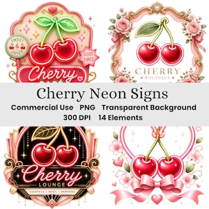 May include: A collection of four digital graphic designs featuring red cherries, neon-style lettering, and decorative frames. The text includes Cherry Cafe, Sweet & Juicy, Good Times, Cherry Boutique, Cherry Lounge, Cocktails, Music, and Memories.