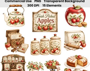 Ensemble de 15 images clipart aquarelle vintage sur le thème des pommes dans une cuisine | 15 illustrations PNG de pommes de ferme | Illustrations de cuisine champêtre, pâtisserie et récolte d'automne