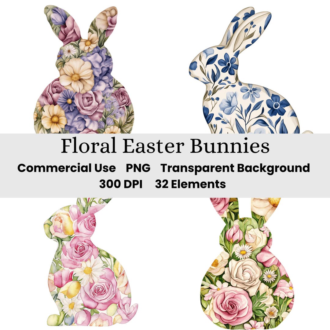 Floral Easter Bunny Clipart, Floral Rabbit Silhouette PNG, Watercolor ...