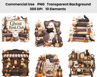 Ensemble d'images clipart aquarelle sur le thème des fantômes – 10 fantômes d'Halloween chaleureux, livres anciens, coin lecture, librairie et images PNG automnales sur le thème littéraire