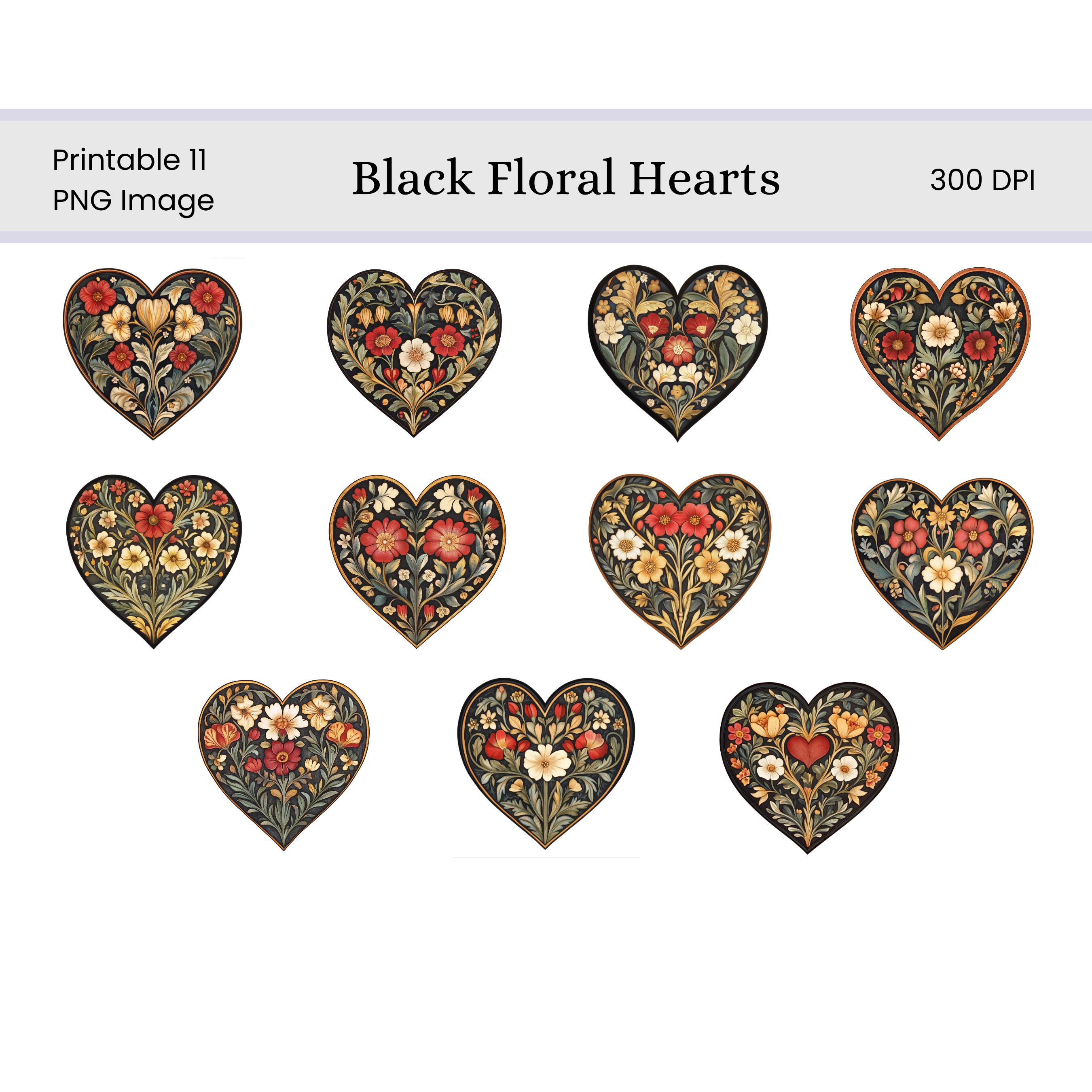 Black Floral Heart Clip Art Set | Valentine Digital Images for ...