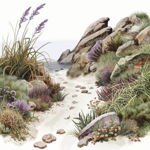 Puede incluir: Un camino rocoso conduce a una playa con vista al océano. El camino está bordeado por varios tipos de plantas verdes y moradas, incluyendo hierbas y flores silvestres.