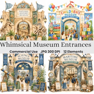 Puede incluir: Una colección digital de cuatro ilustraciones de entradas de museos que incluyen un museo de historia natural con esqueletos de dinosaurios, un museo infantil con bloques coloridos, un museo de ciencias y un museo marítimo con decoración náutica.